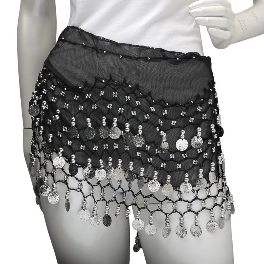 Belly Dance Hip Scarf Sliver Coin Black Chiffon Dancing Belt Tribal